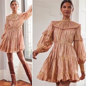 Ulla Johnson Pink Metallic Stripe Long Sleeve Averil Ruffled Georgette Dress 2